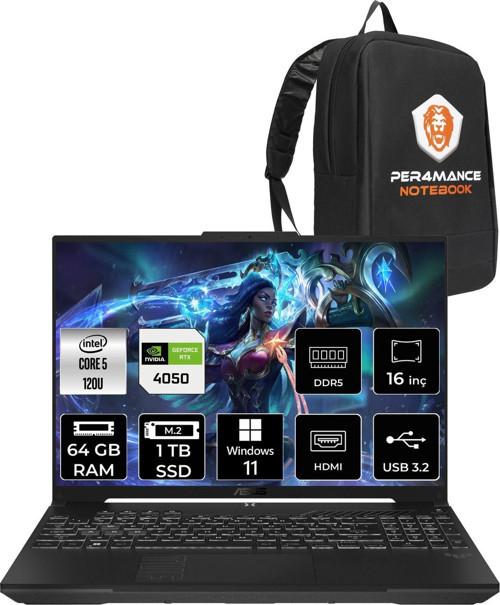 Tuf Gaming F16 Core 5 210H 64Gb 1Tb Ssd Rtx4050/6Gb 140W Wuxga 16" W11P Lp029 & Per4 Çanta
