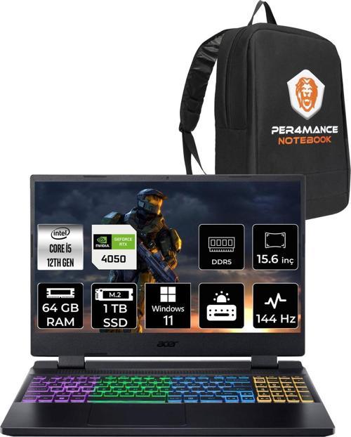 Nitro 5 İ5 12500H 64Gb 1Tb Ssd Rtx4050/6Gb 140W 15.6" Fhd 144Hz W11H Gaming & Per4 Çanta