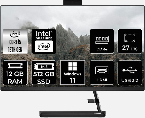 Ideacentre 27Iap7 İ5 12450H 12Gb 512Gb Ssd 27" Fhd W11H All In One Bilgisayar & Per4 Bellek