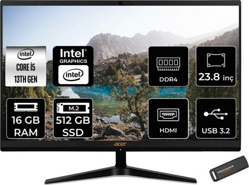 Aspire C24-1800 İ5 1335U 16Gb 512Gb Ssd Intel Graphics 23.8" Fhd Fdos All In One Pc Siyah & Per