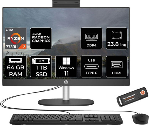 Proone 245 G10 R7 7730U 64Gb 1Tb Ssd 23.8" Full Hd Ips W11P All In One Pc Siyah & Per4 Bellek