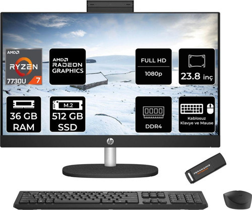 24-Cr0013Nt R7 7730U 36Gb 512Gb Ssd Radeon Graphics 23.8" Fhd Ips Fdos All In One Pc Siyah & Per4
