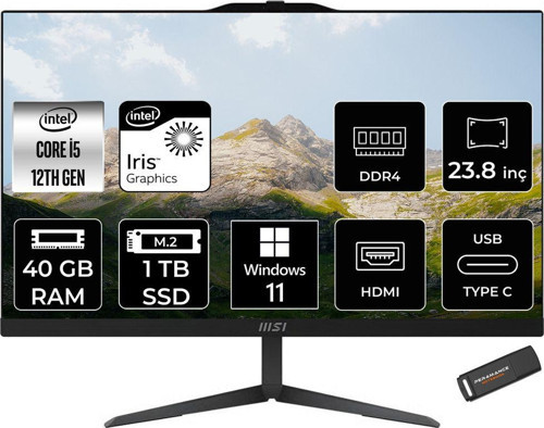 Modern Am242 İ5 1235U 40Gb 1Tb Ssd 23.8" Fhd Ips W11P All In One Pc Siyah & Per4 Bellek