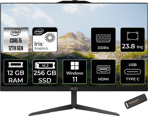 Modern Am242 İ5 1235U 12Gb 256Gb Ssd 23.8" Fhd Ips W11H All In One Pc Siyah & Per4 Bellek