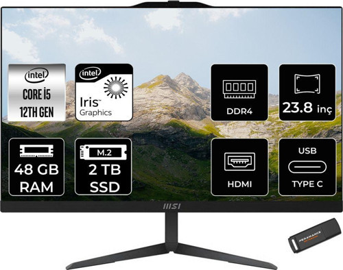 Modern Am242 İ5 1235U 48Gb 2Tb Ssd 23.8" Fhd Ips Fdos All In One Pc Siyah & Per4 Bellek