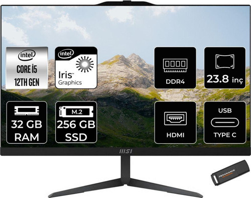 Modern Am242 İ5 1235U 32Gb 256Gb Ssd 23.8" Fhd Ips Fdos All In One Pc Siyah & Per4 Bellek
