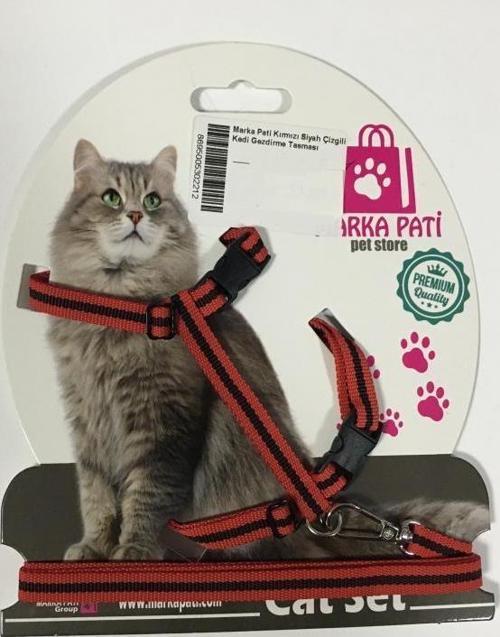 Kırmızı Siyah Çizgili Kedi Gezdirme Tasması