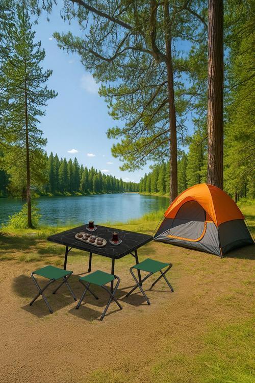 45X60 cm Kamp Sehpası + 3 Adet YEŞİL Tabure Piknik, bahçe balkon sehpası Katlanır Sehpa-ME-3Y