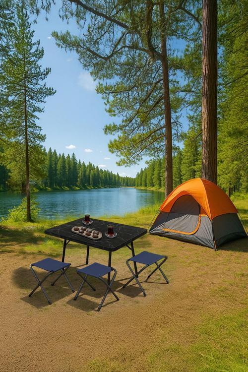 45X60 cm Kamp Sehpası + 3 Adet LACİVERT Tabure Piknik, bahçe sehpası Katlanır Sehpa-ME-3L
