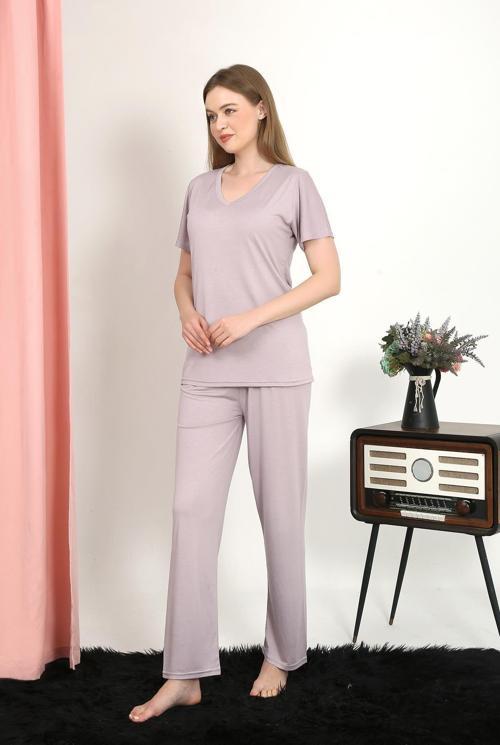Kadın Kısa Kol Pamuk Penye Pijama Takım Pudra 4213