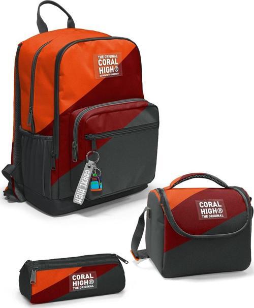 Koyu Gri Turuncu Bordo Renkli 3’lü Okul Çanta Seti SET0123692