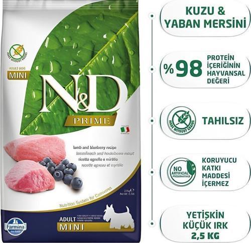 Prime Kuzu Etli Yaban Mersinli Küçük Irk Tahılsız Yetişkin Köpek Maması 2,5 kg