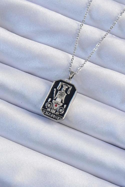 Çelik Zincir Gümüş Renk Siyah Mineli Tarot Kolye