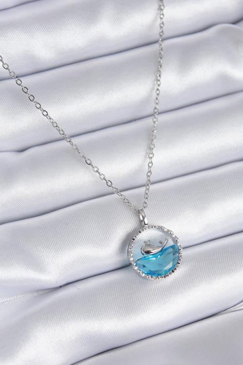 Çelik Gümüş Renk Mavi Kristal Taşlı Balina Model Kadın Kolye