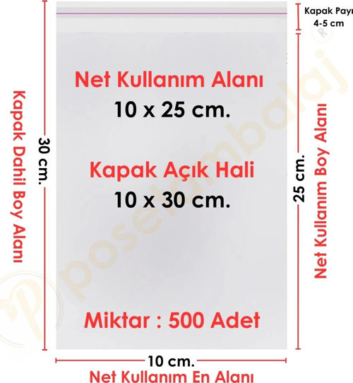10x25+5 cm.(10x30) 500 Adet Şeffaf Bantlı Yapışkanlı OPP Poşet
