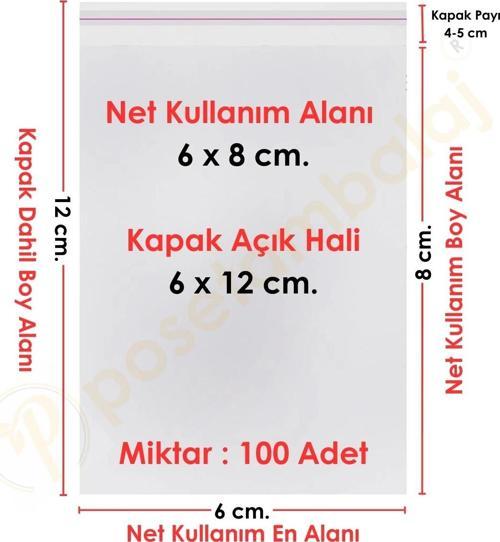 6x8+4 cm.(6x12) 100 Adet Şeffaf Bantlı Yapışkanlı OPP Poşet