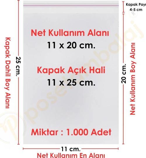 11x20+5 cm.(11x25) 1.000 Adet Şeffaf Bantlı Yapışkanlı OPP Poşet