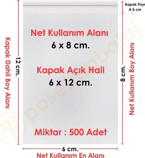 6x8+4 cm.(6x12) 500 Adet Şeffaf Bantlı Yapışkanlı OPP Poşet