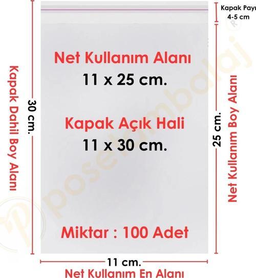 11x25+5 cm.(11x30) 100 Adet Şeffaf Bantlı Yapışkanlı OPP Poşet