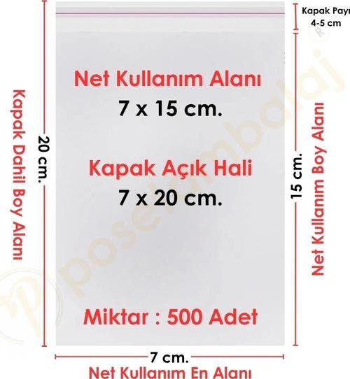 7x15+5 cm.(7x20) 500 Adet Şeffaf Bantlı Yapışkanlı OPP Poşet