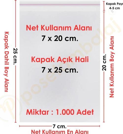 7x20+5 cm.(7x25) 1.000 Adet Şeffaf Bantlı Yapışkanlı OPP Poşet