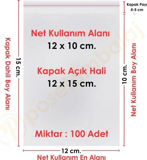 12x10+5 cm.(12x15) 100 Adet Şeffaf Bantlı Yapışkanlı OPP Poşet