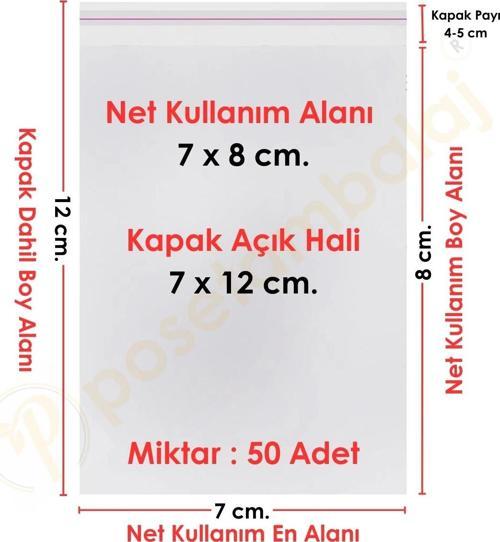 7x7+5 cm.(7x12) 50 Adet Şeffaf Bantlı Yapışkanlı OPP Poşet