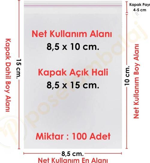 8,5x10+5 cm.(8,5x15) 100 Adet Şeffaf Bantlı Yapışkanlı OPP Poşet