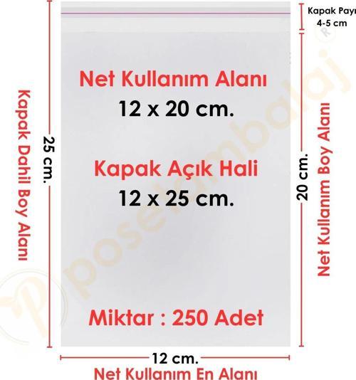 12x20+5 cm.(12x25) 250 Adet Şeffaf Bantlı Yapışkanlı OPP Poşet