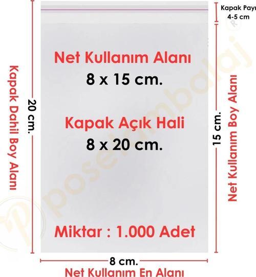 8x15+5 cm.(8x20) 1.000 Adet Şeffaf Bantlı Yapışkanlı OPP Poşet