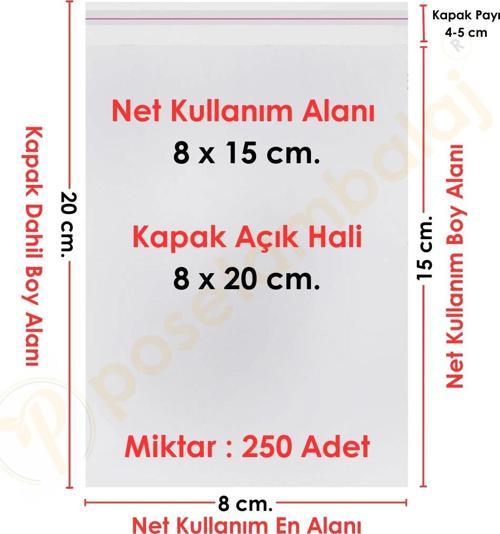 8x15+5 cm.(8x20) 250 Adet Şeffaf Bantlı Yapışkanlı OPP Poşet