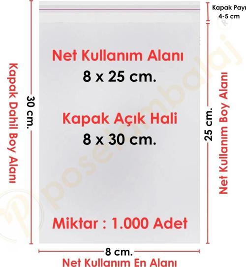 8x25+5 cm.(8x30) 1.000 Adet Şeffaf Bantlı Yapışkanlı OPP Poşet