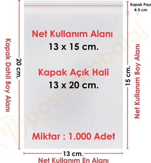 13x15+5 cm.(13x20) 1.000 Adet Şeffaf Bantlı Yapışkanlı OPP Poşet