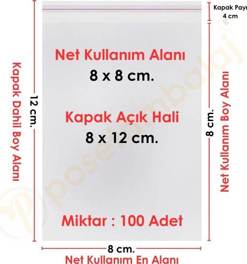 8x8+4 cm.(8x12) 100 Adet Şeffaf Bantlı Yapışkanlı OPP Poşet