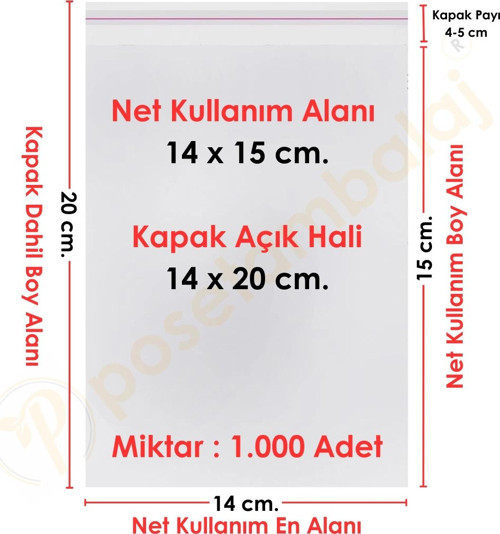 14x15+5 cm.(14x20) 1.000 Adet Şeffaf Bantlı Yapışkanlı OPP Poşet