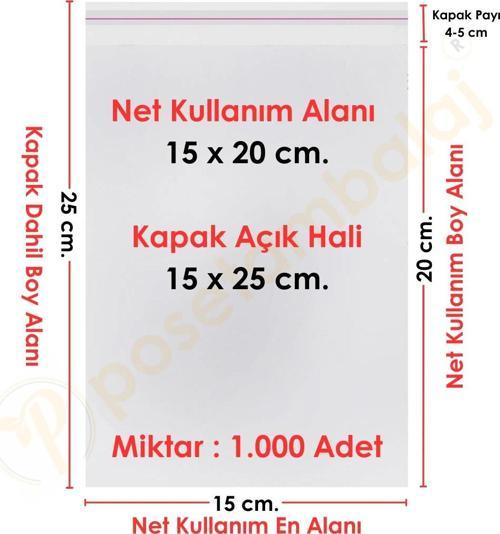15x20+5 cm.(15x25) 1.000 Adet Şeffaf Bantlı Yapışkanlı OPP Poşet