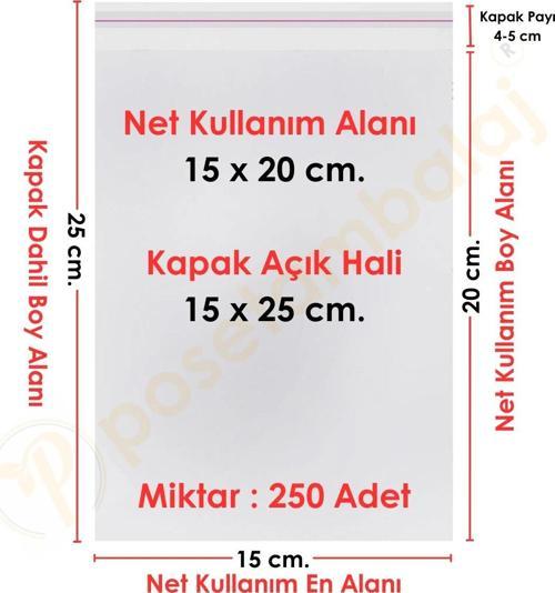 15x20+5 cm.(15x25) 250 Adet Şeffaf Bantlı Yapışkanlı OPP Poşet