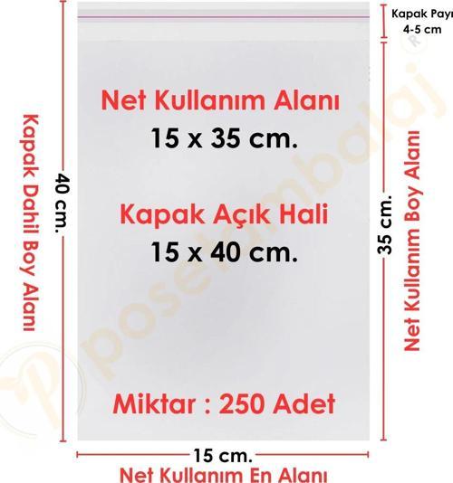 15x35+5 cm.(15x40) 250 Adet Şeffaf Bantlı Yapışkanlı OPP Poşet