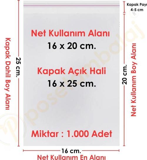16x20+5 cm.(16x25) 1.000 Adet Şeffaf Bantlı Yapışkanlı OPP Poşet