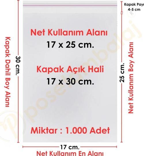 17x25+5 cm.(17x30) 1.000 Adet Şeffaf Bantlı Yapışkanlı OPP Poşet