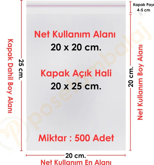 20x20+5 cm.(20x25) 500 Adet Şeffaf Bantlı Yapışkanlı OPP Poşet