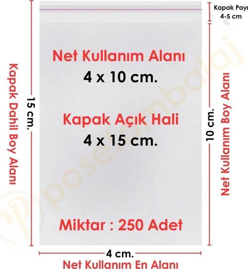 4x10+5 cm.(4x15) 250 Adet Şeffaf Bantlı Yapışkanlı OPP Poşet