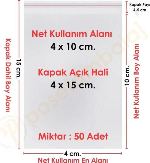 4x10+5 cm.(4x15) 50 Adet Şeffaf Bantlı Yapışkanlı OPP Poşet