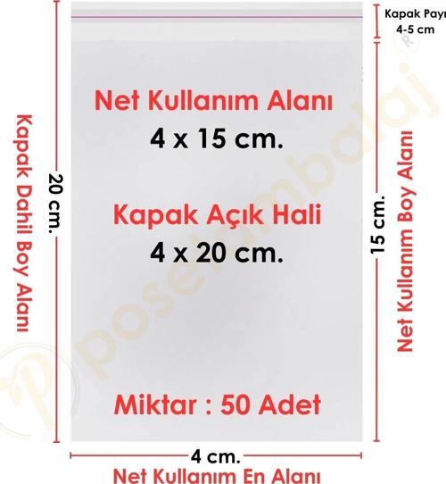 4x15+5 cm.(4x20) 50 Adet Şeffaf Bantlı Yapışkanlı OPP Poşet