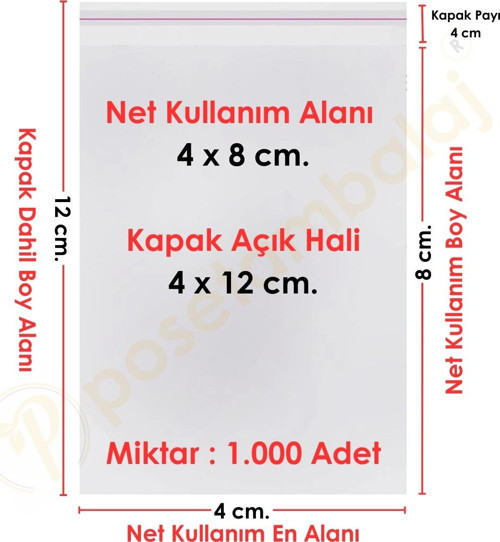 4x8+4 cm.(4x12) 1.000 Adet Şeffaf Bantlı Yapışkanlı OPP Poşet