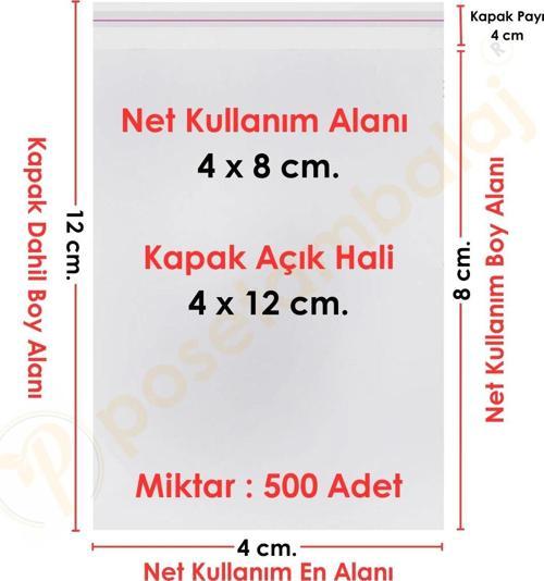 4x8+4 cm.(4x12) 500 Adet Şeffaf Bantlı Yapışkanlı OPP Poşet