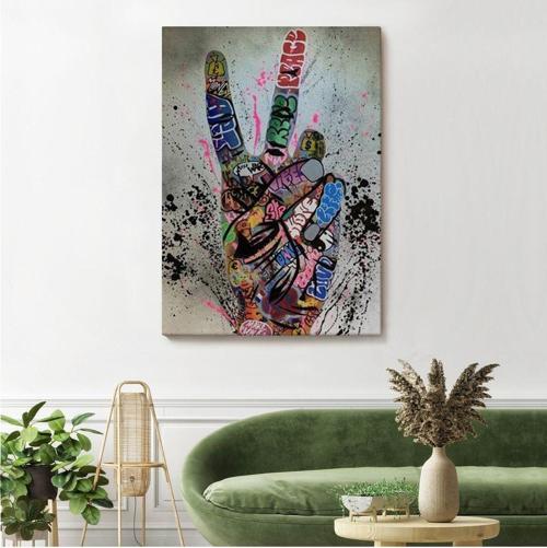 Bansky El Hareketi Kanvas Tablo, Graffiti Zafer İşareti Sokak Sanatı Tablo-5309
