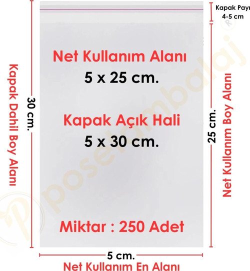 5x25+5 cm.(5x30) 250 Adet Şeffaf Bantlı Yapışkanlı OPP Poşet