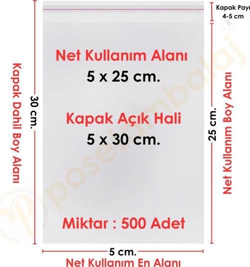 5x25+5 cm.(5x30) 500 Adet Şeffaf Bantlı Yapışkanlı OPP Poşet