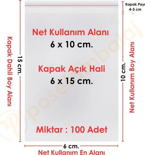 6x10+5 cm.(6x15) 100 Adet Şeffaf Bantlı Yapışkanlı OPP Poşet